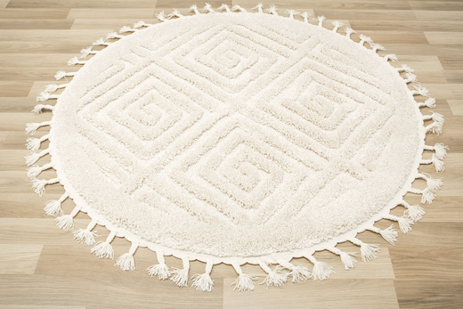 Okrągły Dywan Berber 7061 Ivory Krem Romby 3D z frędzlami