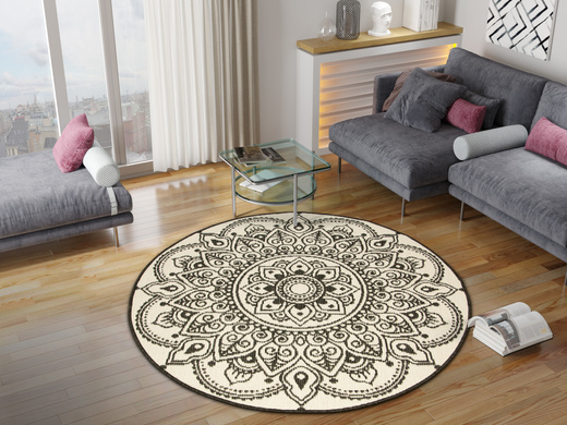 Okrągły Dwustronny Dywan Sznurkowy Brussels 205333/10110 Night Antracyt Krem Rozeta Outdoor