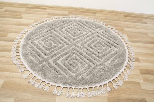 Okrągły Dywan Berber 7061 l.grey Jasny Szary 3D z frędzlami