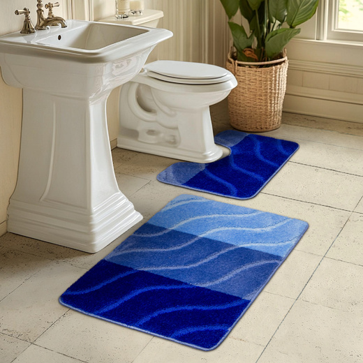 Komplet 2-częściowy Łazienkowy Fiori Blue Niebieski Pasy Fale