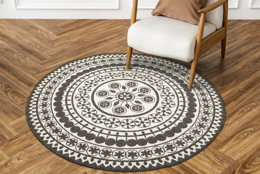 Okrągły Dwustronny Dywan Sznurkowy Brussels 205626/10110 Night Antracyt Krem Rozeta Outdoor