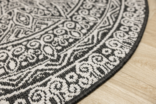 Okrągły Dwustronny Dywan Sznurkowy Brussels 205334/10110 Night Antracyt Krem Rozeta Mandala Outdoor
