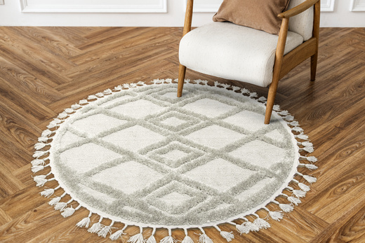 Okrągły Dywan Berber 6843 l.grey Jasny Szary Romby 3D z frędzlami