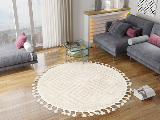 Okrągły Dywan Berber 7061 Ivory Krem Romby 3D z frędzlami