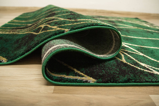 Dywan Diamond K8707Y green Linie Liście Butelkowa Zieleń Złoty