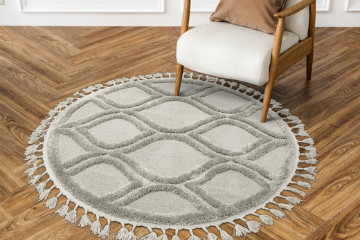 Okrągły Dywan Berber 7063 l.grey Szary Łezki 3D z frędzlami