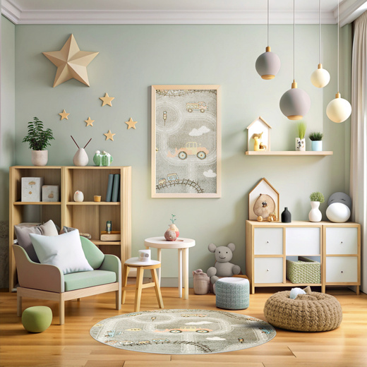 Okrągły Dywan Lima C511A l.grey/cream Uliczki Pociągi Chmurki Szary Łososiowy