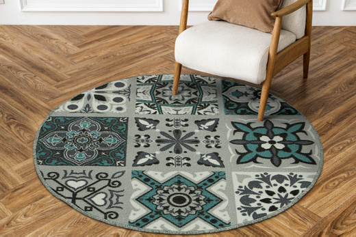Antypoślizgowy Okrągły Dywan Patchwork Turkus
