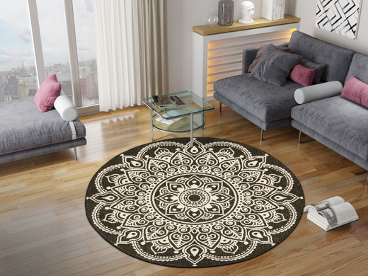 Okrągły Dwustronny Dywan Sznurkowy Brussels 205333/10110 Night Antracyt Krem Rozeta Outdoor