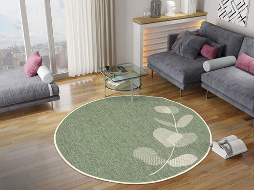 Okrągły Dwustronny Dywan Sznurkowy Brussels 205632/10520 green Zieleń Krem Listki Outdoor
