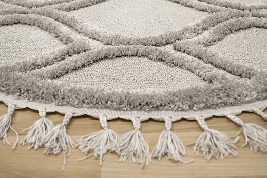Okrągły Dywan Berber 7063 l.grey Szary Łezki 3D z frędzlami