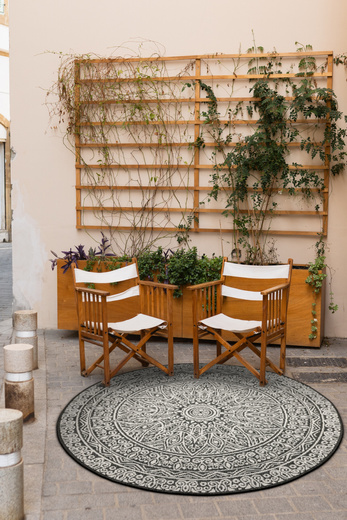 Okrągły Dwustronny Dywan Sznurkowy Brussels 205334/10110 Night Antracyt Krem Rozeta Mandala Outdoor