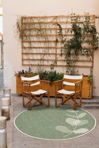 Okrągły Dwustronny Dywan Sznurkowy Brussels 205632/10520 green Zieleń Krem Listki Outdoor