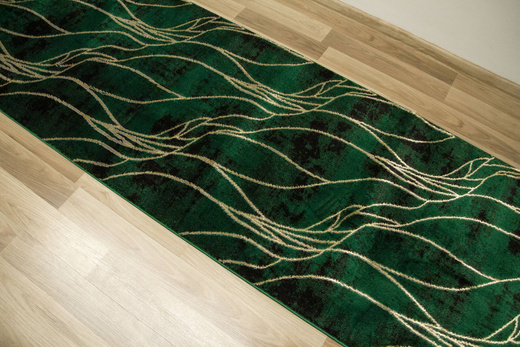 Chodnik Diamond k8707Y Linie Liście Butelkowa Zieleń Złoty szerokość 80 cm