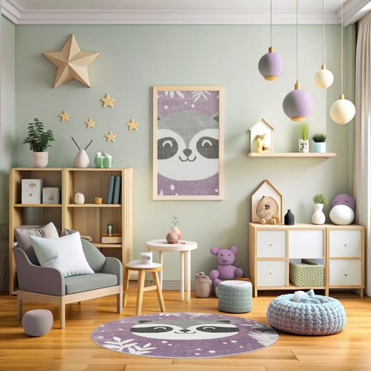 Okrągły Dywan Lima C884A lila/cream Fiolet Szary Krem Szop Pracz Listki