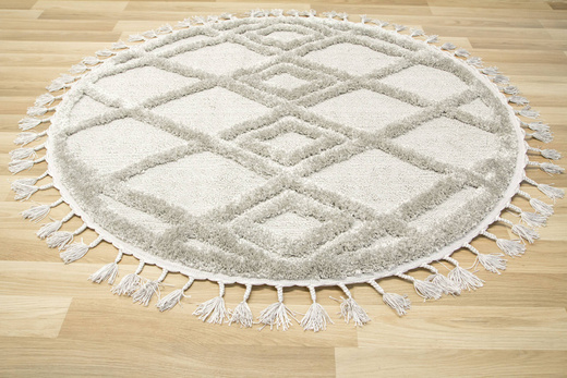 Okrągły Dywan Berber 6843 l.grey Jasny Szary Romby 3D z frędzlami