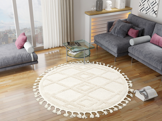 Okrągły Dywan Berber 6843 ivory Krem Romby 3D z frędzlami