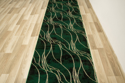 Chodnik Diamond k8707Y Linie Liście Butelkowa Zieleń Złoty szerokość 120 cm