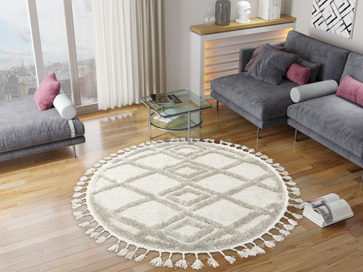 Okrągły Dywan Berber 6843 l.grey Jasny Szary Romby 3D z frędzlami