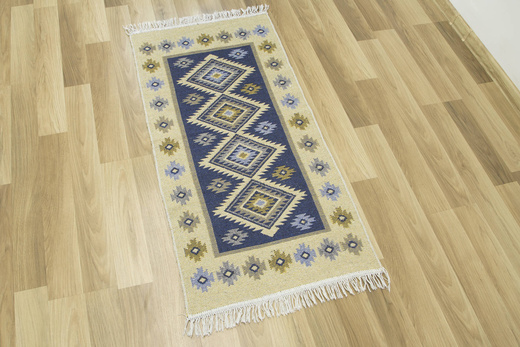 Dwustronny Dywanik Chodniczek Kilim Romby Niebieski