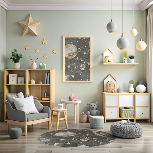 Okrągły Dywan Lima C288A d.grey/l.grey Szary Kremowy Planety Gwiazdy Kosmos