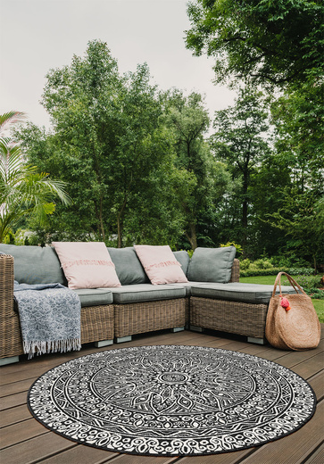 Okrągły Dwustronny Dywan Sznurkowy Brussels 205334/10110 Night Antracyt Krem Rozeta Mandala Outdoor