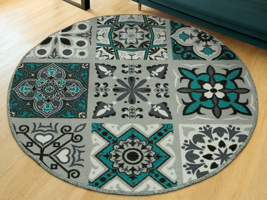 Antypoślizgowy Okrągły Dywan Patchwork Turkus