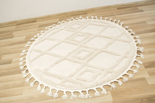 Okrągły Dywan Berber 6843 ivory Krem Romby 3D z frędzlami