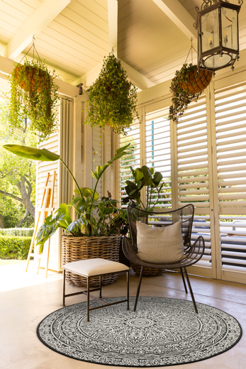 Okrągły Dwustronny Dywan Sznurkowy Brussels 205334/10110 Night Antracyt Krem Rozeta Mandala Outdoor