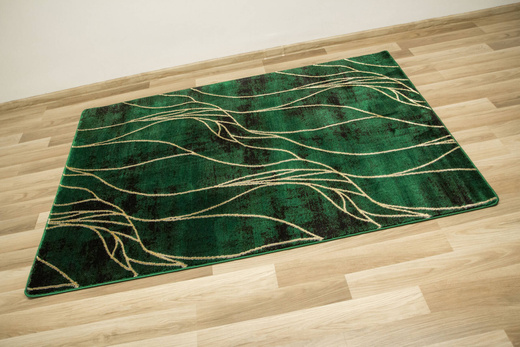 Dywan Diamond K8707Y green Linie Liście Butelkowa Zieleń Złoty