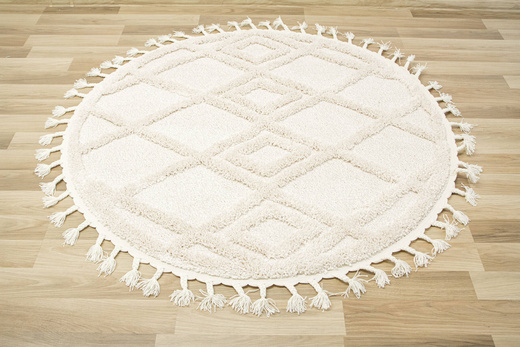 Okrągły Dywan Berber 6843 ivory Krem Romby 3D z frędzlami