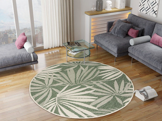Okrągły Dwustronny Dywan Sznurkowy Brussels 205771/10520 Green Zieleń Krem Listki Palmy Outdoor