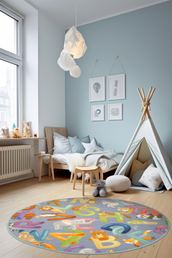 Okrągły Kolorowy Dywan Dziecięcy Alfabet 19 Grey