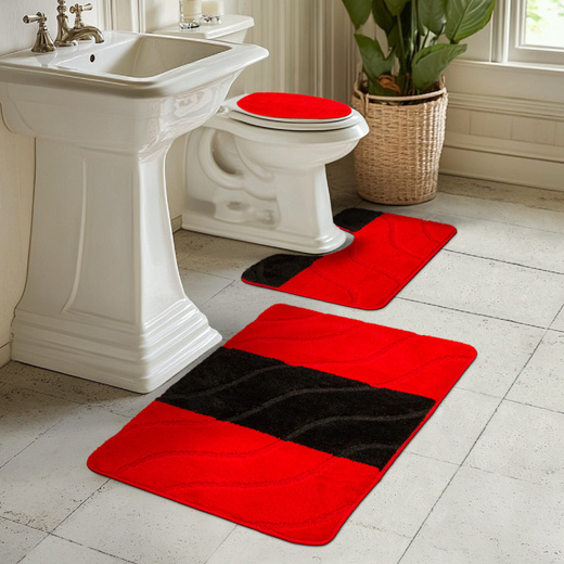 Komplet 3-częściowy Łazienkowy Fiori Red Czerwony Czarny Pasy Fale