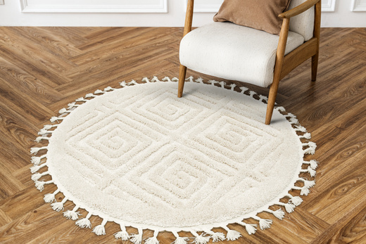 Okrągły Dywan Berber 7061 Ivory Krem Romby 3D z frędzlami