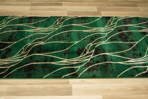 Chodnik Diamond k8707Y Linie Liście Butelkowa Zieleń Złoty szerokość 120 cm