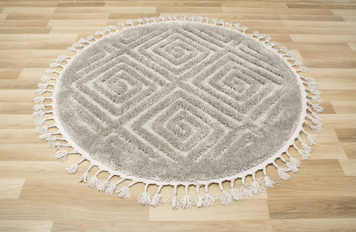 Okrągły Dywan Berber 7061 l.grey Jasny Szary 3D z frędzlami