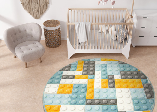 Okrągły Kolorowy Dywan Dziecięcy Klocki Orange
