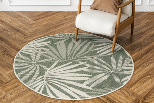 Okrągły Dwustronny Dywan Sznurkowy Brussels 205771/10520 Green Zieleń Krem Listki Palmy Outdoor