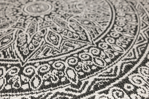 Okrągły Dwustronny Dywan Sznurkowy Brussels 205334/10110 Night Antracyt Krem Rozeta Mandala Outdoor