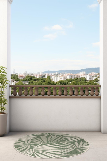 Okrągły Dwustronny Dywan Sznurkowy Brussels 205771/10520 Green Zieleń Krem Listki Palmy Outdoor