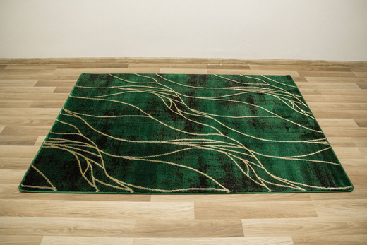 Dywan Diamond K8707Y green Linie Liście Butelkowa Zieleń Złoty